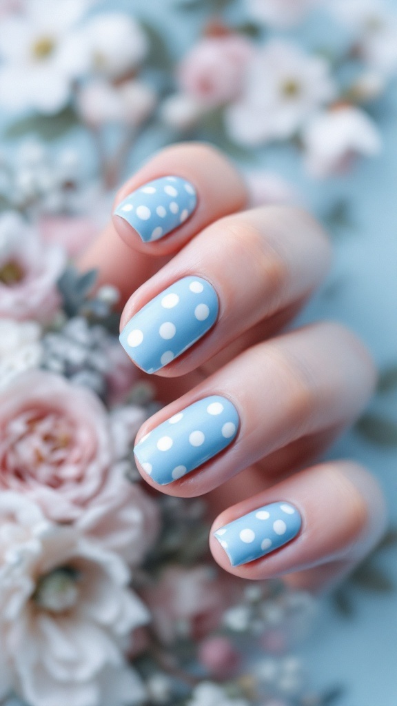 Nails painted in baby blue with white dots, resting on a floral fabric