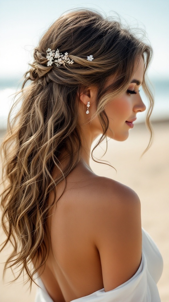 A woman with beachy textured waves styled for a bridesmaid look, complementing a one-shoulder dress.