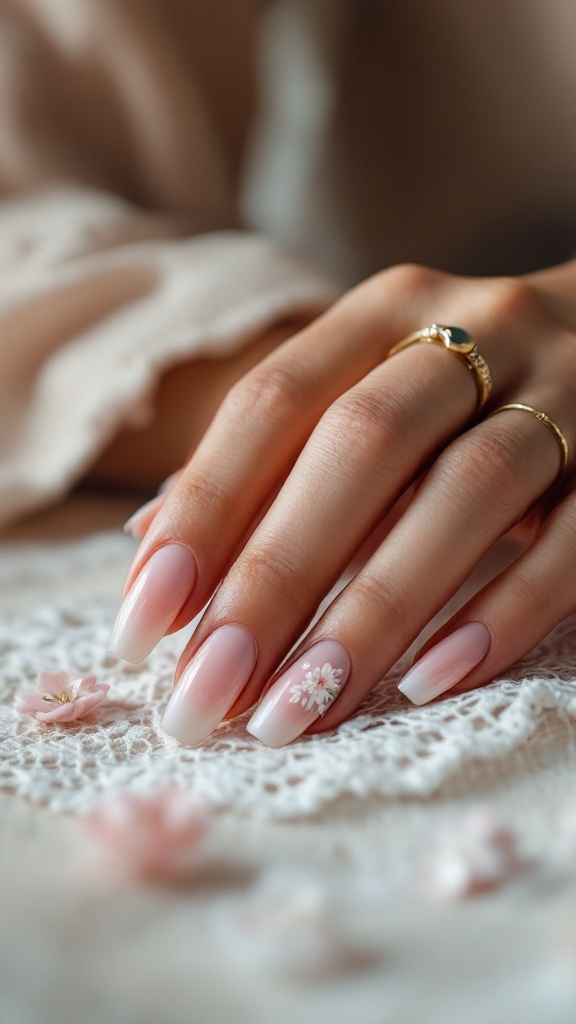 A close-up of blush pink ombre nails with floral designs, set against a lace background