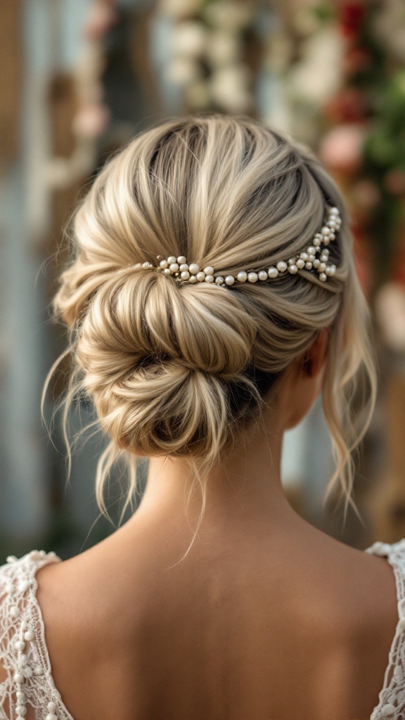 Back view of a woman with a bohemian bun hairstyle adorned with beads