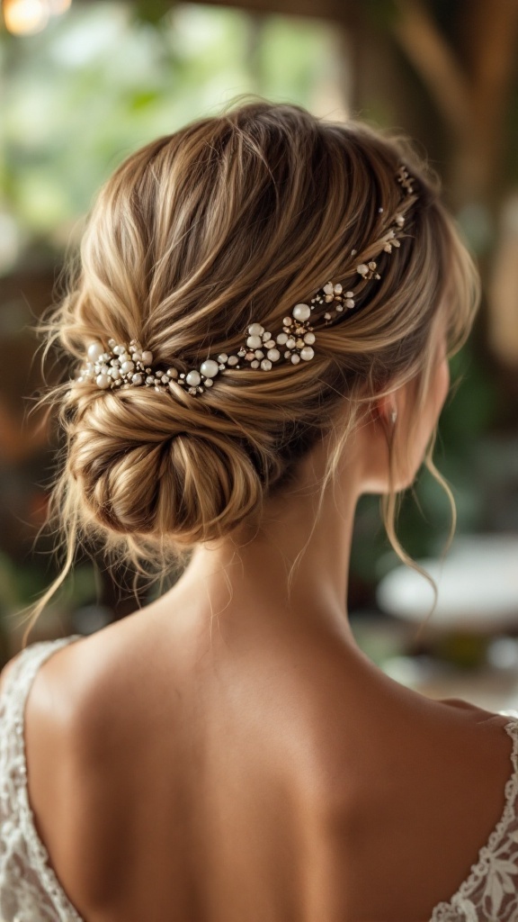A beautiful bohemian low bun hairstyle adorned with beads and floral accents, showcasing an elegant look for bridesmaids.