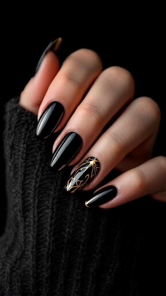 A hand with bold black nails featuring intricate gold art design.