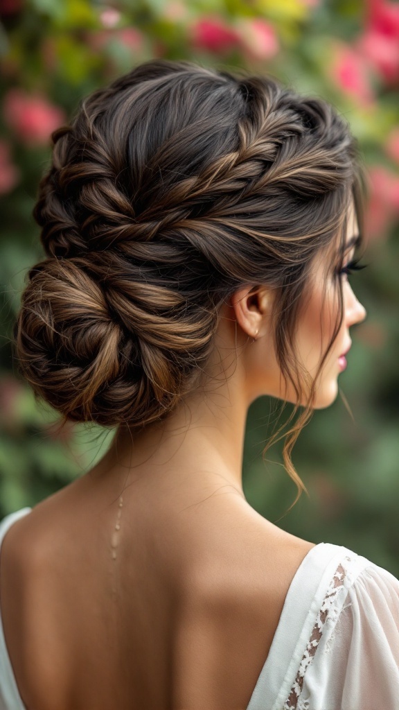 A braided bun hairstyle featuring twists, suitable for bridesmaids