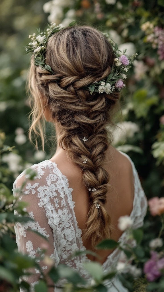 A close-up of a braided crown hairstyle adorned with flowers, perfect for a bohemian-themed wedding.