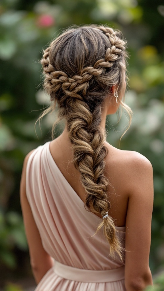 A model showcasing a braided crown hairstyle paired with a one shoulder dress, featuring intricate braids and flowing hair