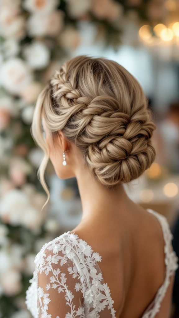 A beautifully styled braided updo with side bangs, perfect for bridesmaid hairstyles.