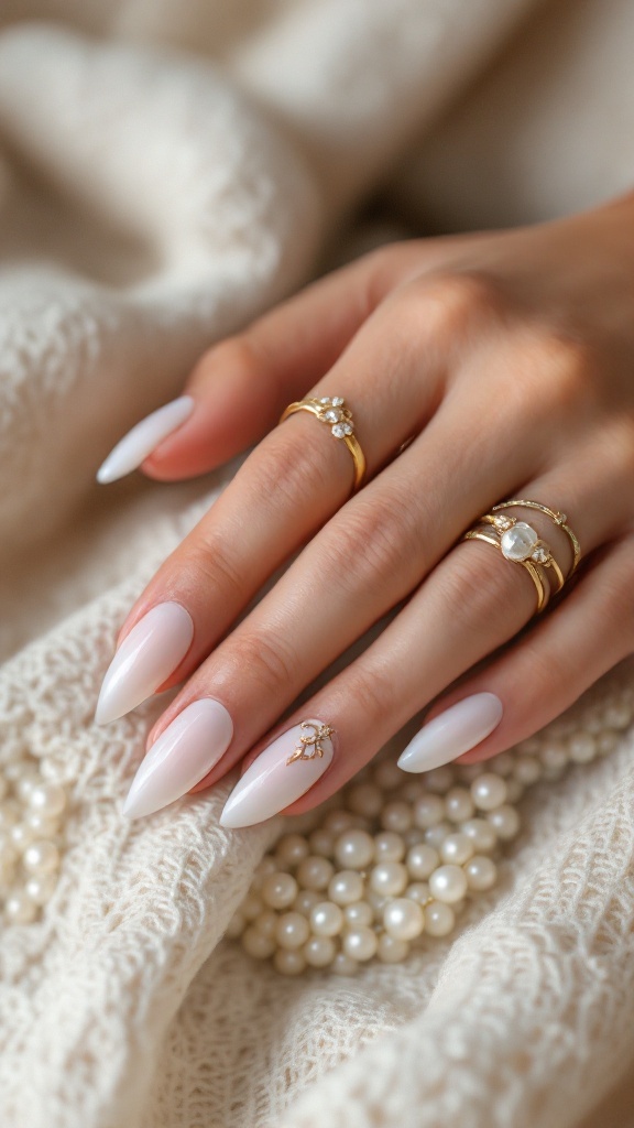 Close-up of bridal gold nail enhancements featuring white nails with a gold design and elegant rings.