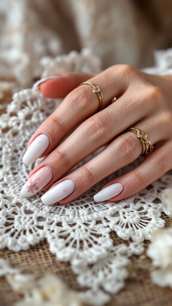 Vintage-inspired bridal nails with delicate floral designs on white base, paired with gold rings.