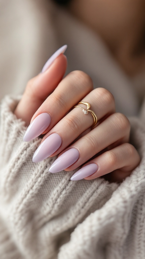 Close-up of lavender half-moon nails with pointed tips, featuring delicate rings against a knitted sweater background.