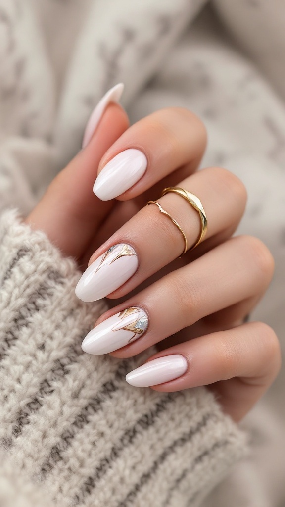 Close-up of a hand with chic metallic accent nails, featuring a creamy base and gold details.
