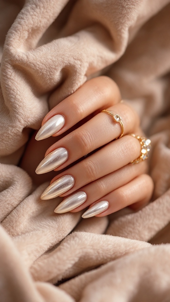 Close-up of manicured nails with a metallic finish resting on a soft, beige fabric.