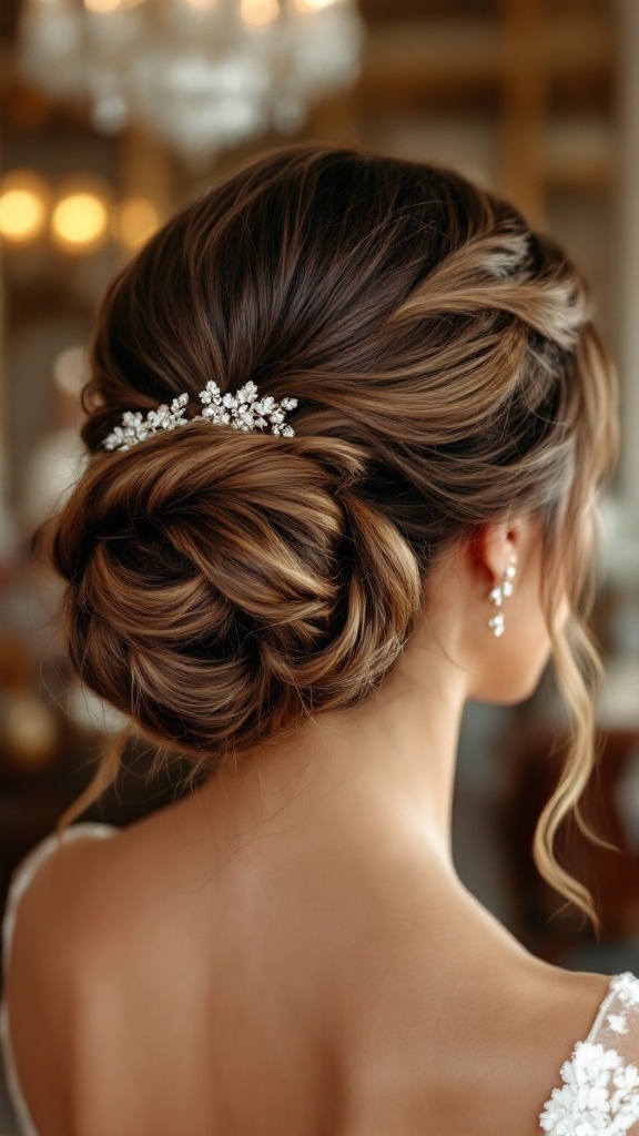 A close-up of a classic chignon hairstyle adorned with floral hairpins, showing back view of the hair.