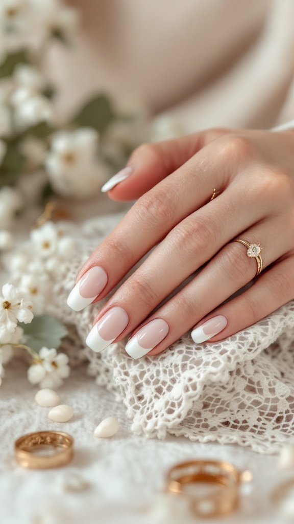A hand with classic French tips featuring a soft pink base and white tips, adorned with rings and surrounded by flowers.