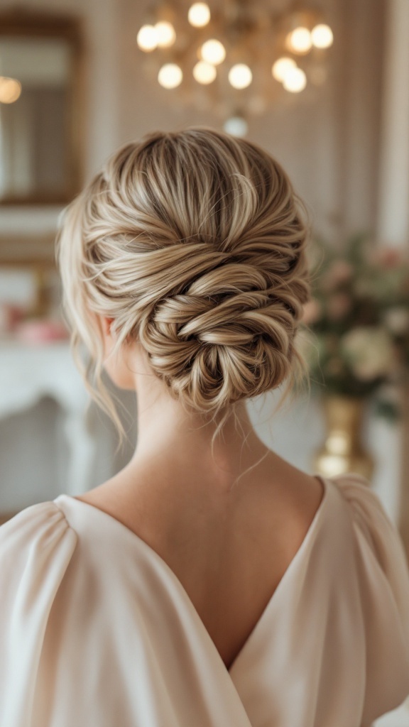 A beautiful classic French twist hairstyle for bridesmaids, showcasing soft waves and a polished look.