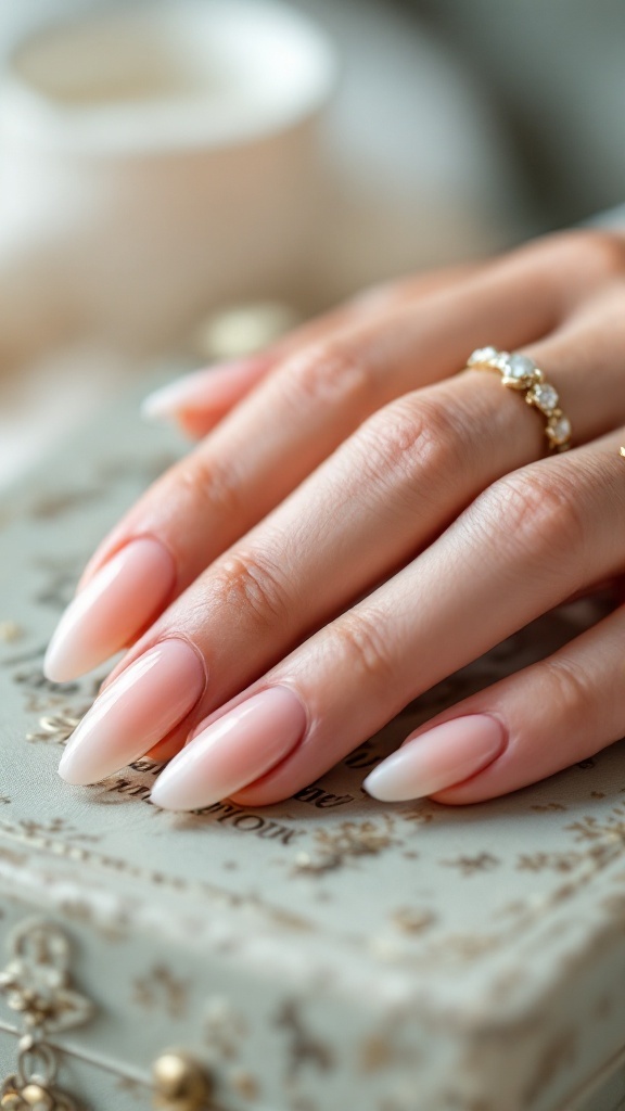 A hand with light pink almond-shaped nails resting on a vintage chest, featuring a gold ring.