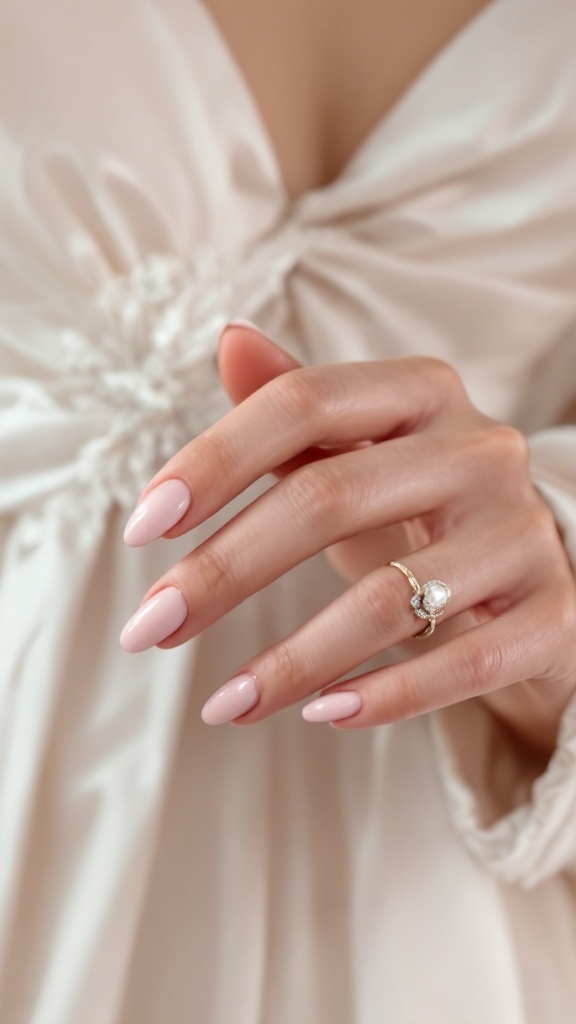 A hand showing light pink wedding nails and a ring, with a wedding dress in the background.