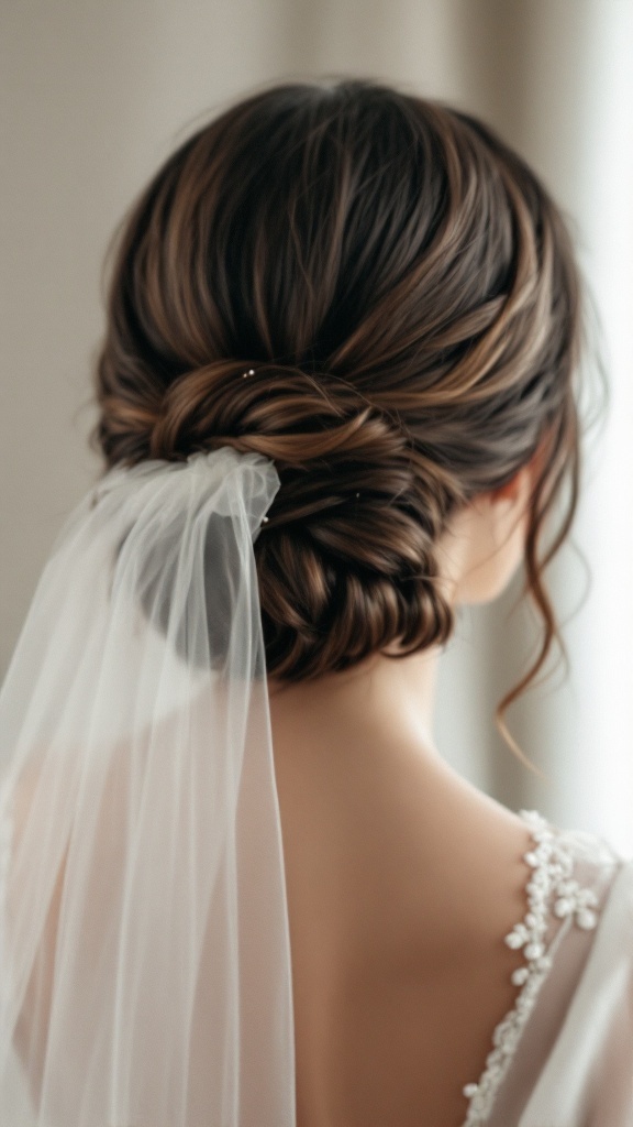 A woman with a low bun hairstyle adorned with a veil, viewed from the back.