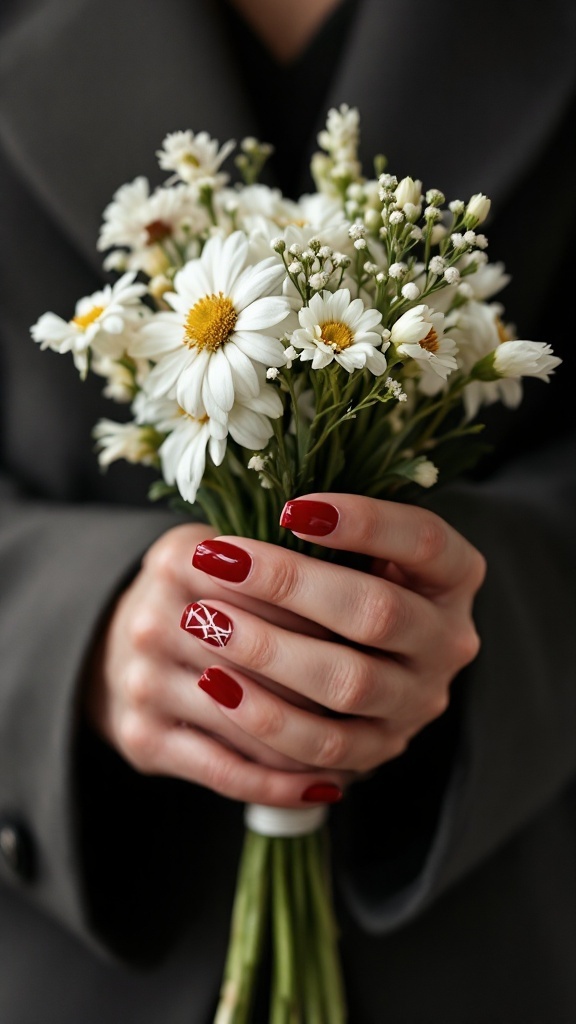 Classic red nails with one geometrically designed nail, surrounded by flowers