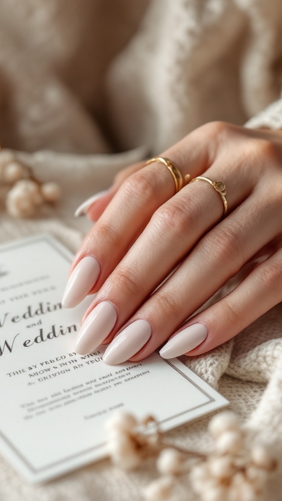 A close-up of hands with creamy taupe matte nails, adorned with gold rings, placed next to a wedding invitation.