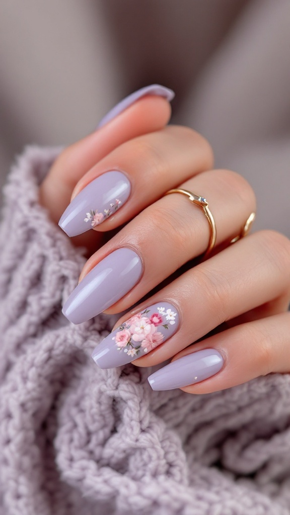 Close-up of lavender wedding nails with delicate floral designs