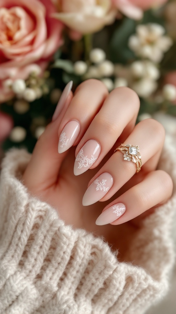 Close-up of a hand with delicate lace nail art on nude polish, showcasing elegant design against a backdrop of roses.
