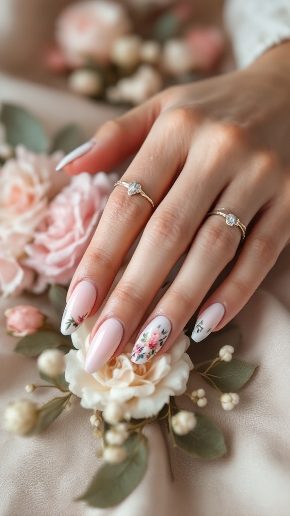 A close-up of a hand with delicate pastel watercolor nails featuring floral designs, resting on a background of soft floral arrangements.