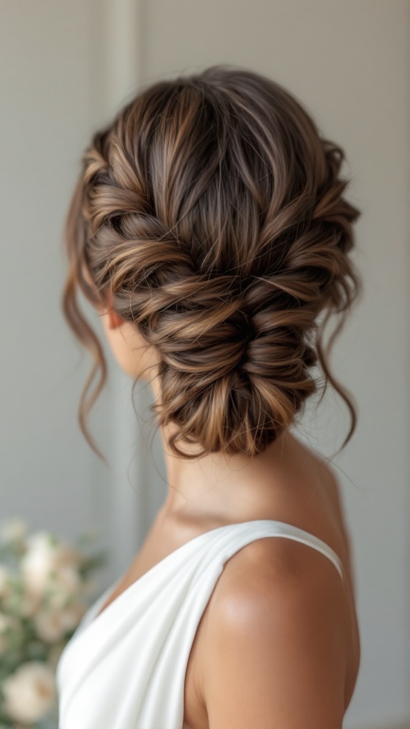 A hairstyle featuring double braids leading into a low bun, suitable for bridesmaids wearing one shoulder dresses.