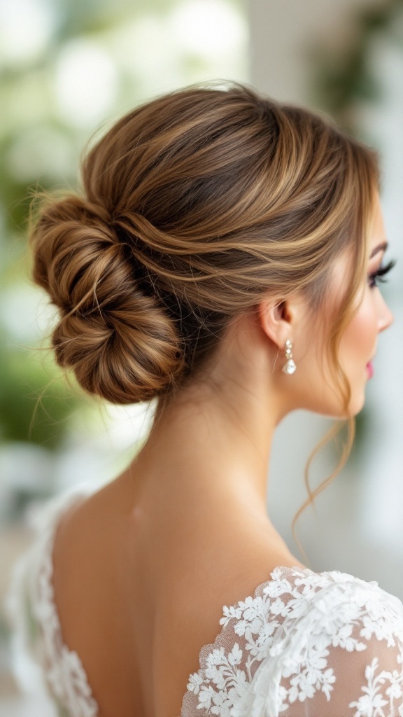 Elegant bride's hairstyle featuring double buns and soft waves