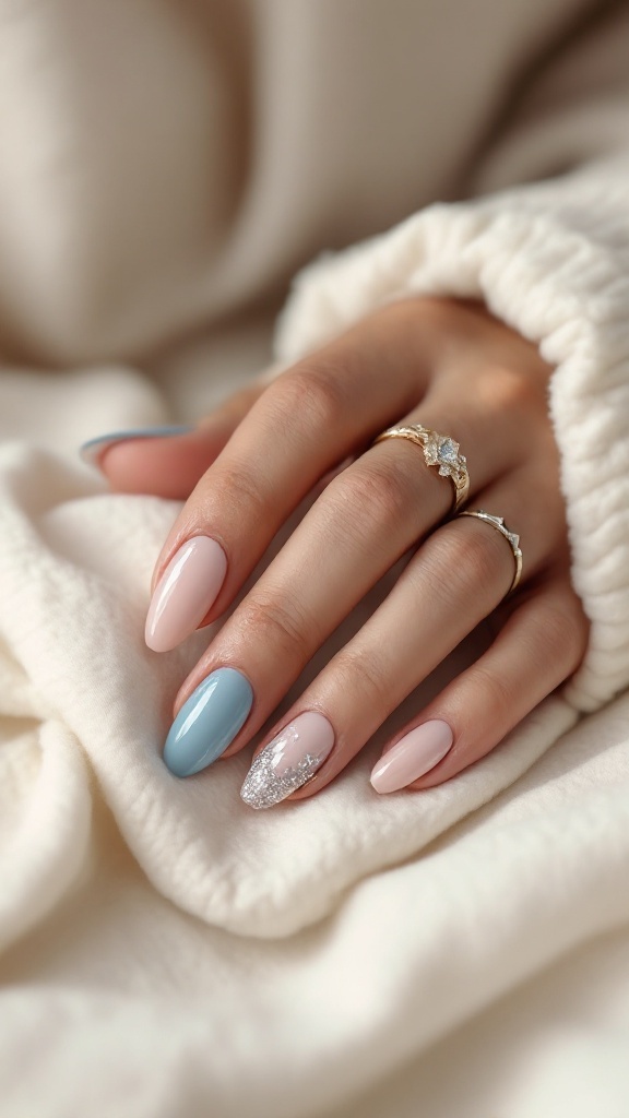 A hand with dusty blue nails and silver sparkle, adorned with rings, resting on a soft fabric.