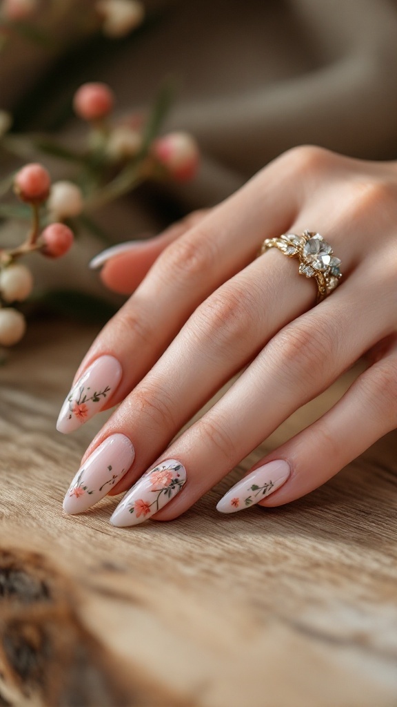 Close-up of a hand with floral nail art against a natural background.