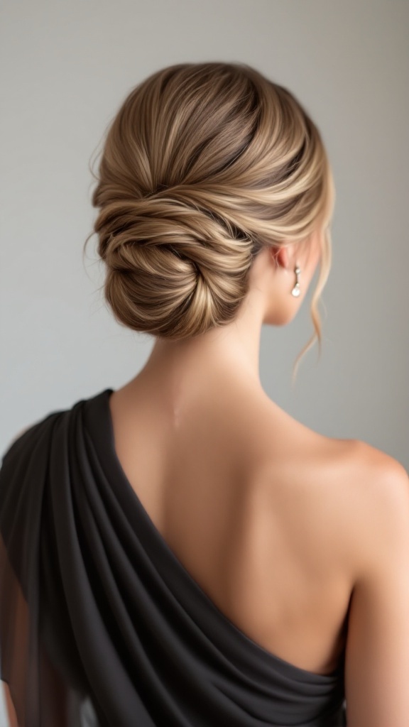 A woman with a stylish elegant chignon hairstyle, wearing a black one-shoulder dress.