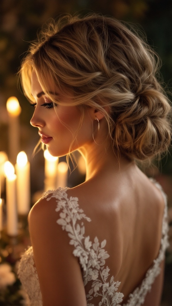 A profile view of a bridesmaid with an elegant chignon hairstyle, featuring loose strands, complemented by a lace dress.