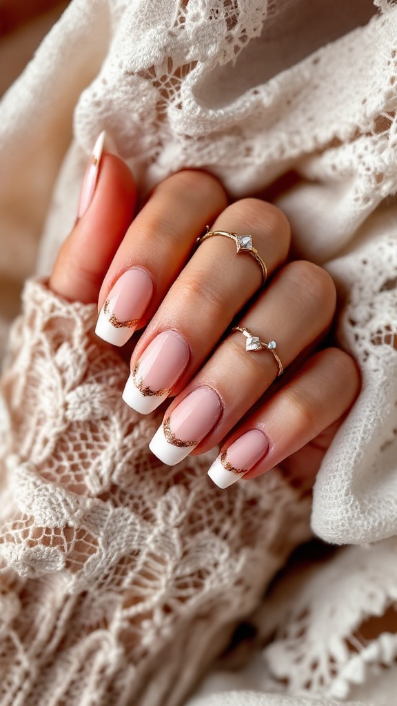 Elegant French tip nails with gold accents on a lace background