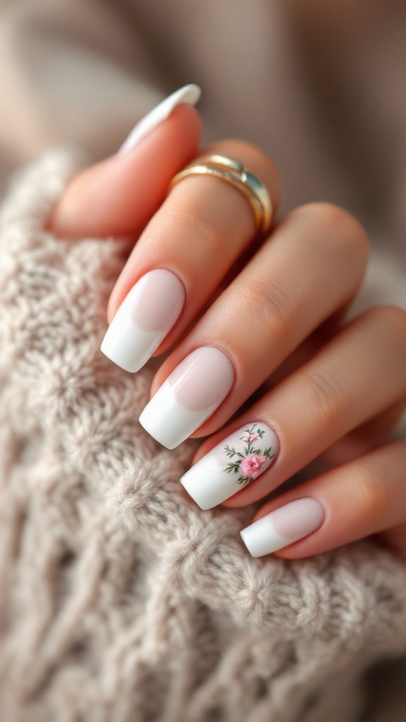 Elegant French tip manicure with floral design on a hand resting on a knitted sweater.