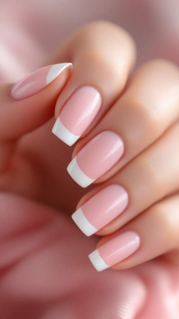 Hand with light pink French tip nails and delicate gold rings, resting on a cozy pink sweater.