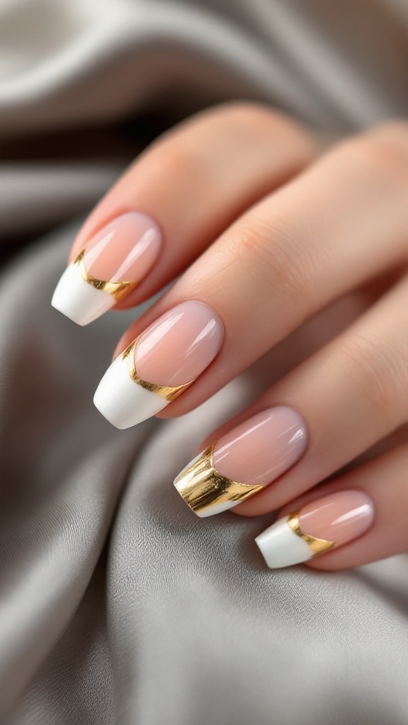 Elegant gold French tip nails on a silky fabric background
