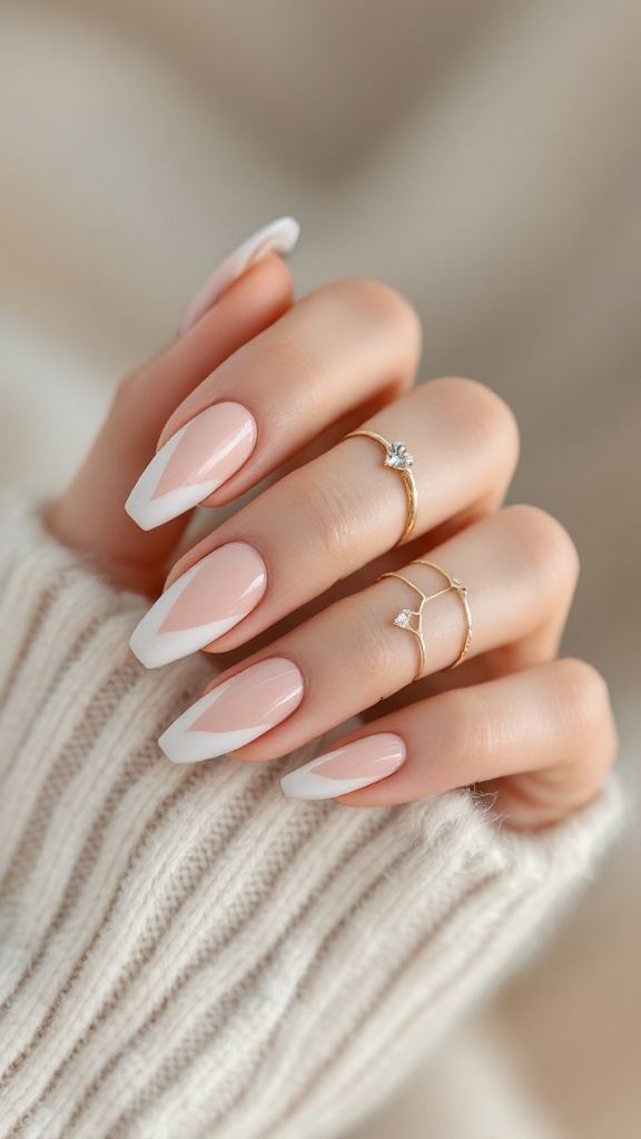 Close-up of elegant nude ombre nails with white tips, adorned with gold rings.