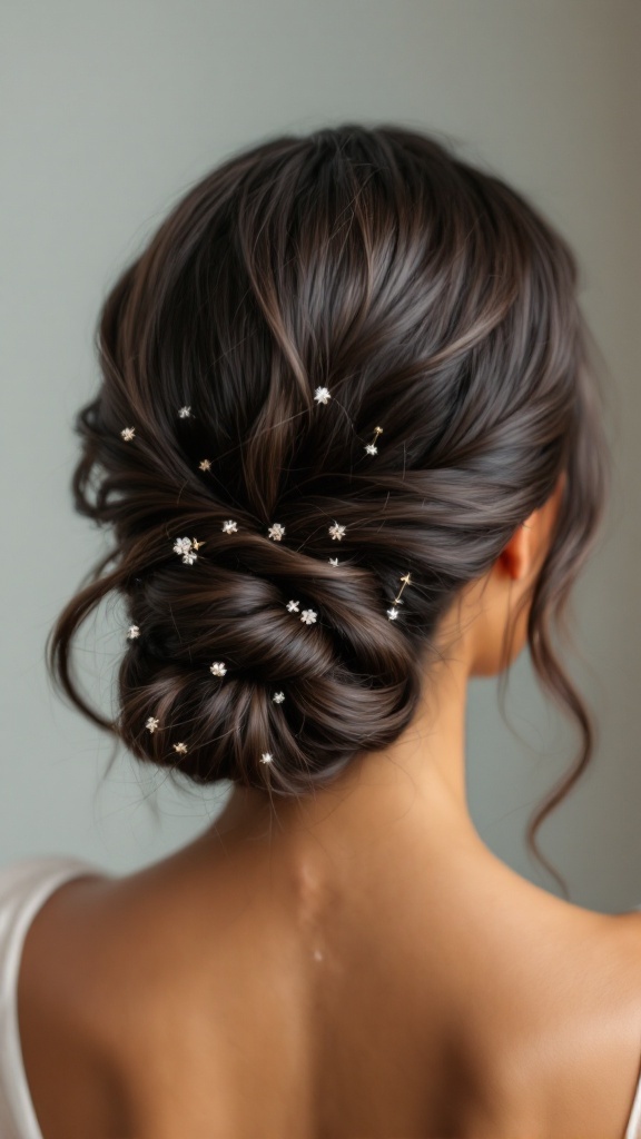 A close-up of a twisted low bun hairstyle adorned with delicate hair accessories