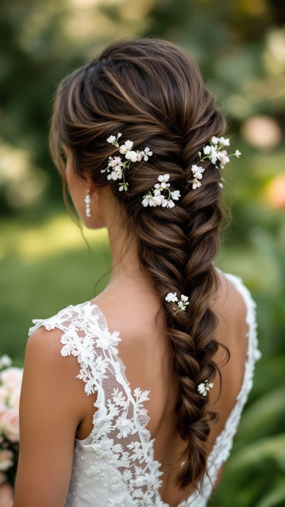 A fishtail braid hairstyle decorated with small white flowers, showcasing a beautiful look for bridesmaids.