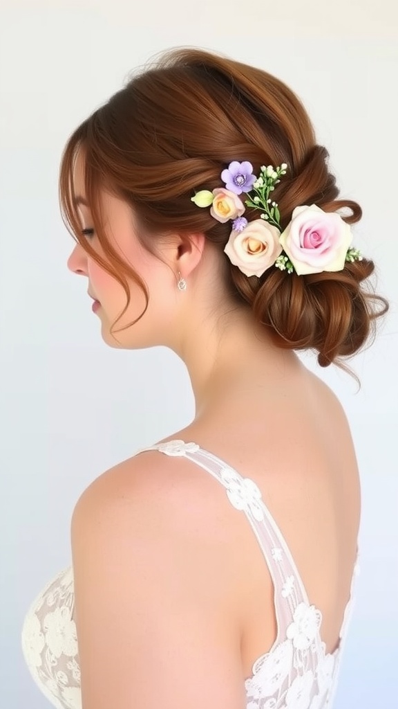 A variety of floral hair accessories arranged on a wooden table