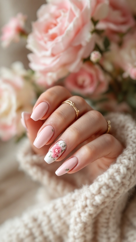 A hand with light pink nails and floral nail art, surrounded by pink roses.