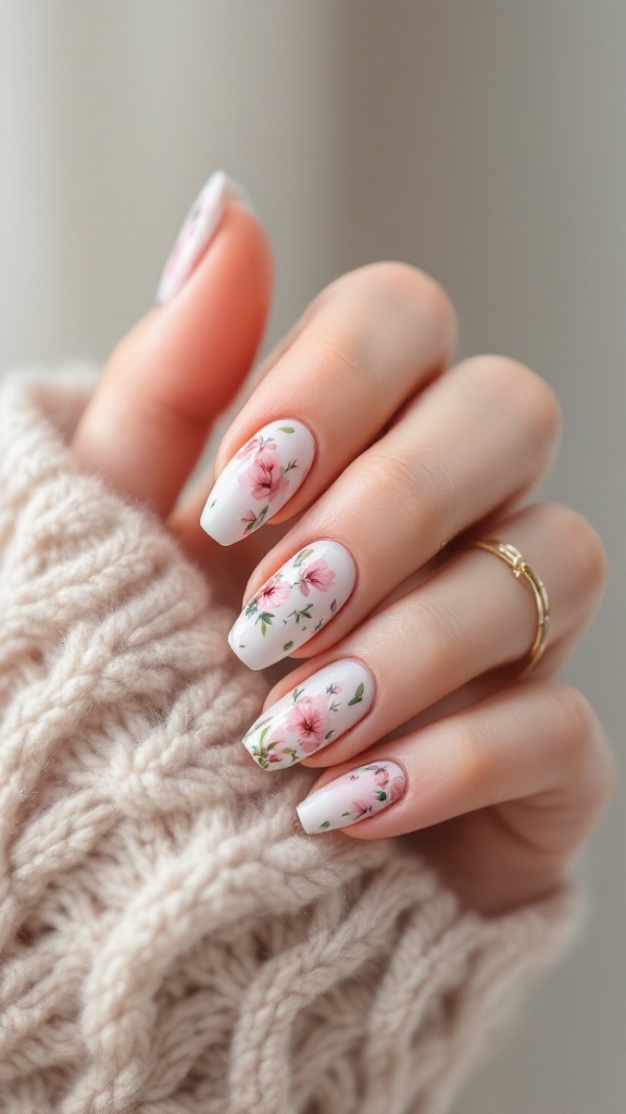 Nails with floral watercolor patterns featuring pink flowers on a white background