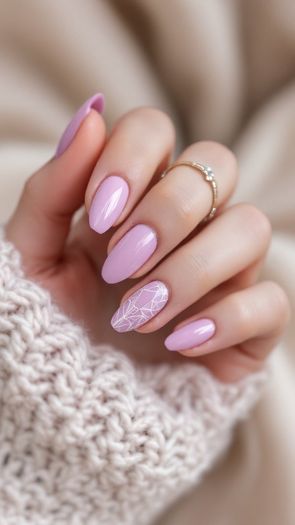 A hand with lavender nails, showcasing geometric patterns.