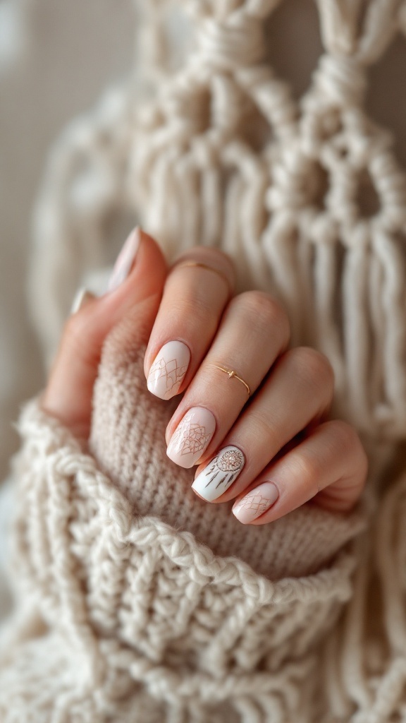 Close-up of a hand with boho wedding nails featuring geometric patterns and dreamcatchers.