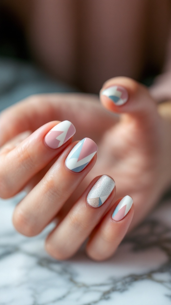 A hand with modern geometric patterned nails featuring white, pink, and gray designs