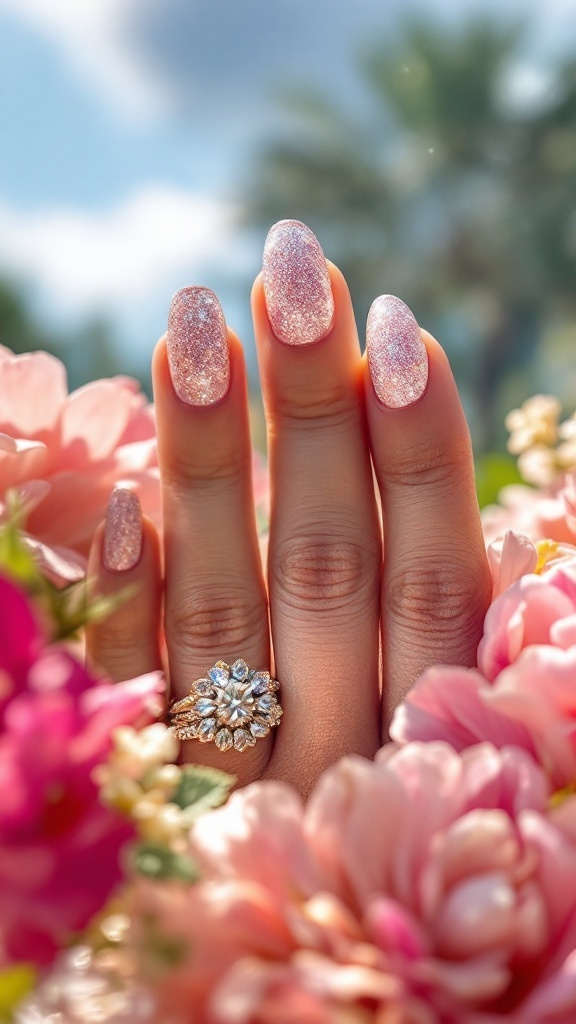 Close-up of hands with peach nails and glitter accents, adorned with delicate rings and surrounded by flowers.