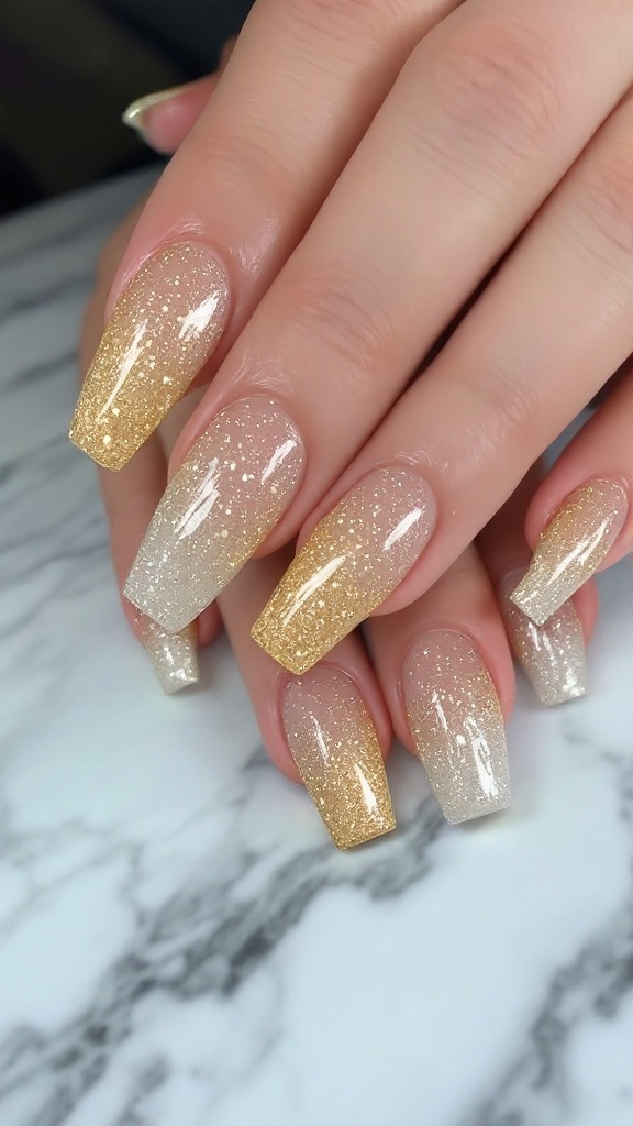 A hand with glittering gold ombre nails, gently resting on a cozy knit sweater.