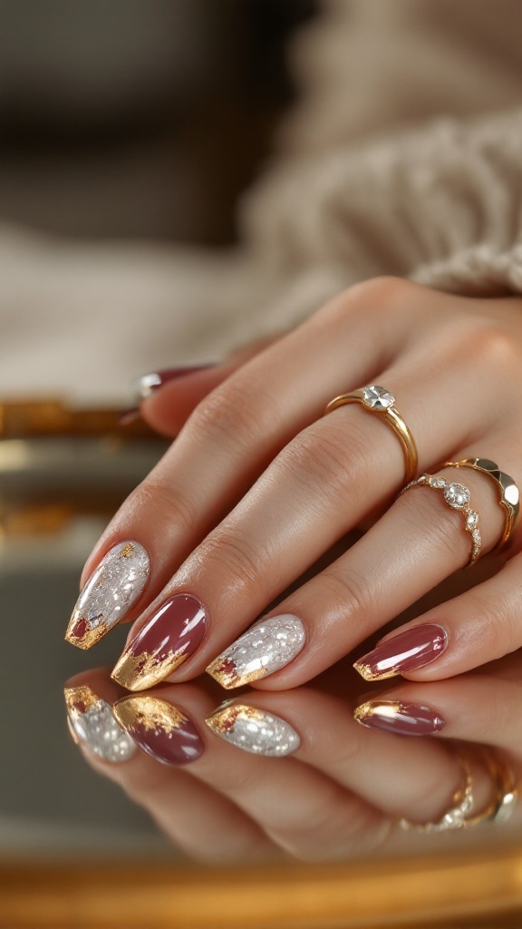 Close-up of a hand with gold foil and rhinestone nail art, showcasing burgundy and white colors