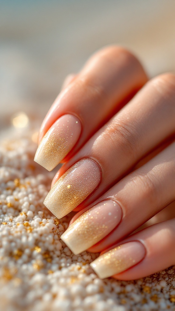A close-up of hands with gold glitter dipped nails, showcasing a pink base and gold tips, adorned with rings.