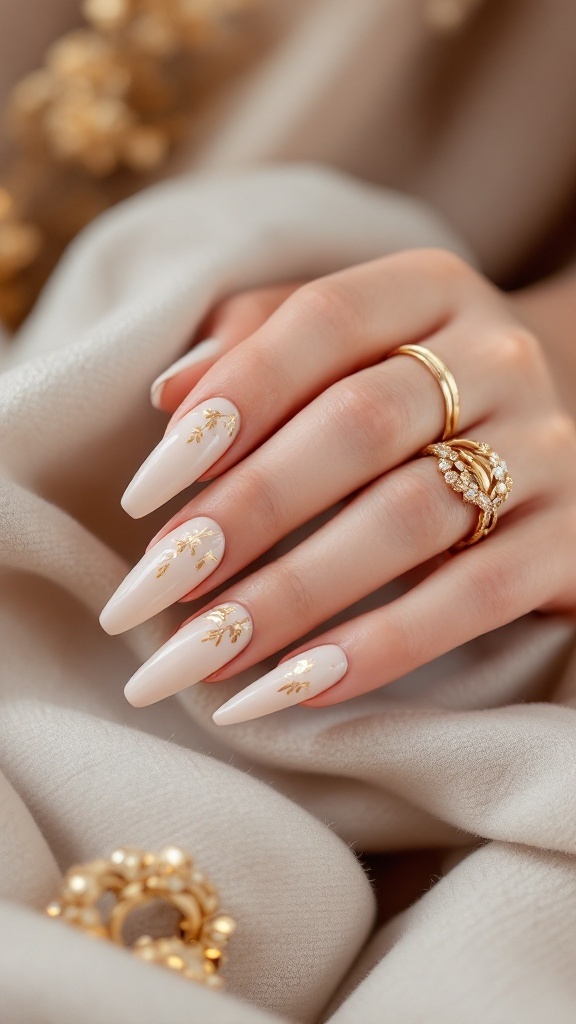 A close-up of elegant gold leaf accent nails on a hand with rings, resting on soft fabric.